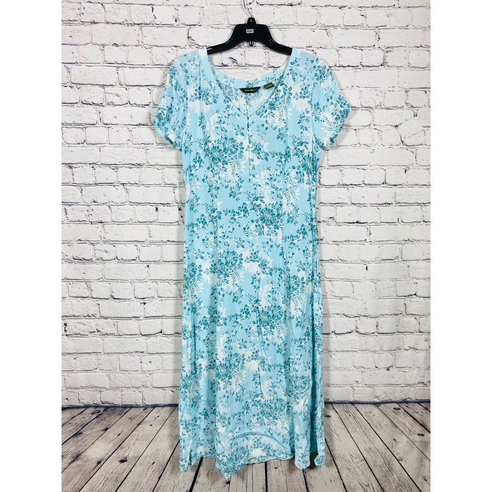 Eddie Bauer Dress Womens L Maxi Floral Blue L Excellent Rayon V-Neck Short Slv